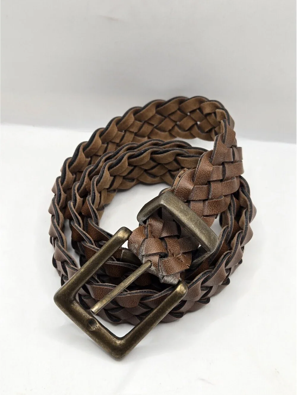 Brown Braided Leather Belt Weathered Brass Buckle Western Boho Sz 32